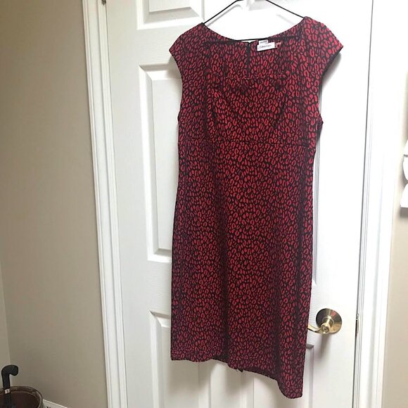 🌹🐾❤️Gorgeous Calvin Klein Red Black Textured Leopard Print Sleeveless Dress - Picture 7 of 16